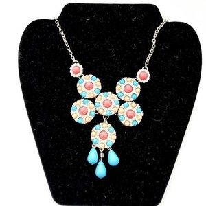 Vintage Bib necklace, orange blend pink with clear crystal accents on gold tone